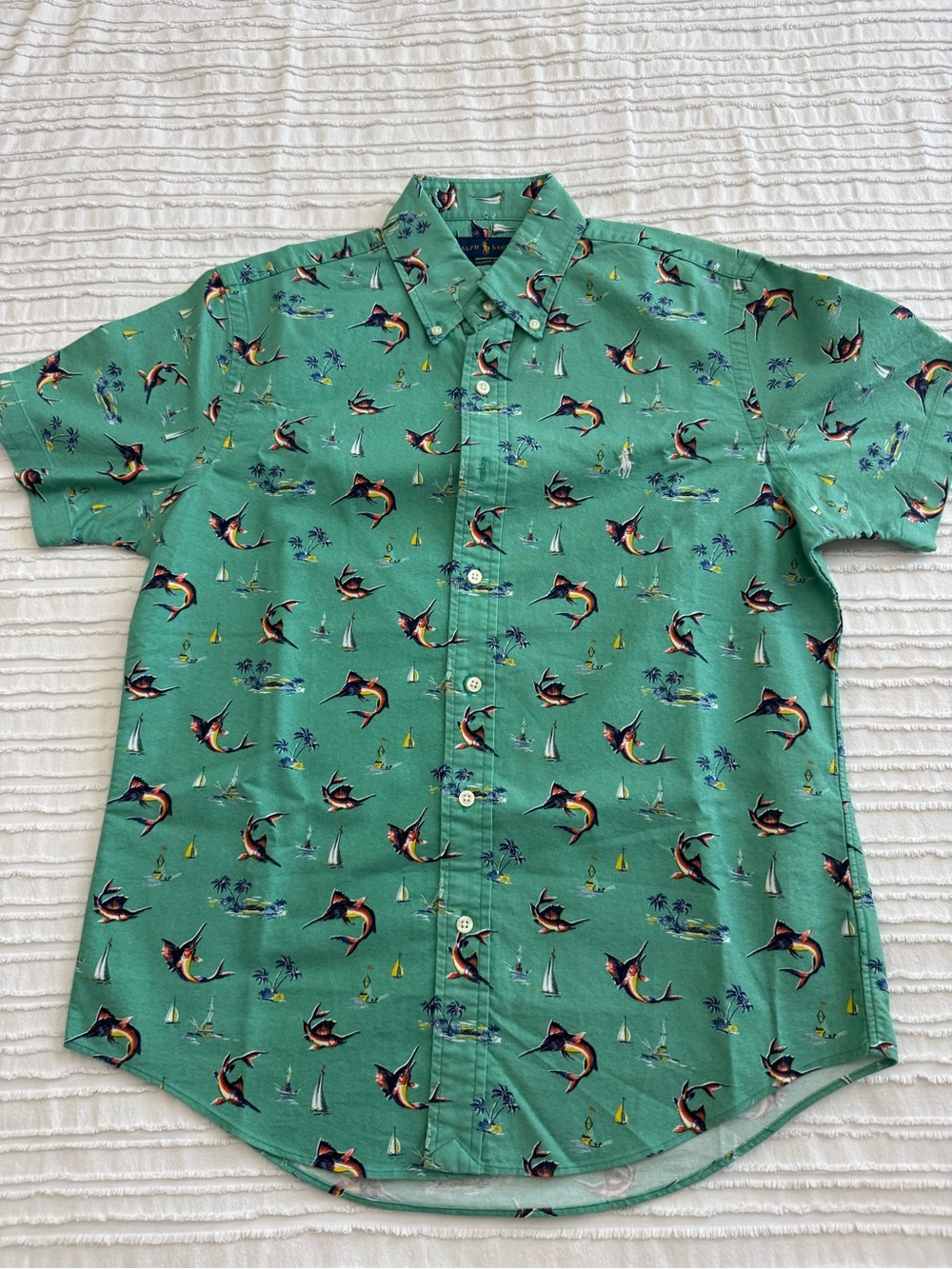 Ralph Lauren Men's Green Tropical Marlin Print Short-Sleeve Button-Up Shirt